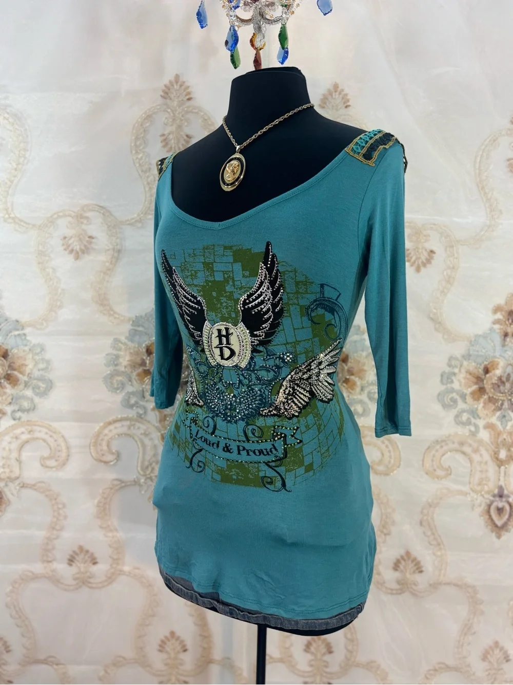 ✨Vintage Y2K Harley Davidson Blue Studded Graphic Quarter Sleeve Top✨